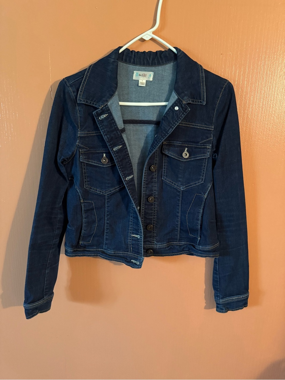 Love Fire Denim Jacket Women’s Small Dark Wash Stretch Jean Jacket